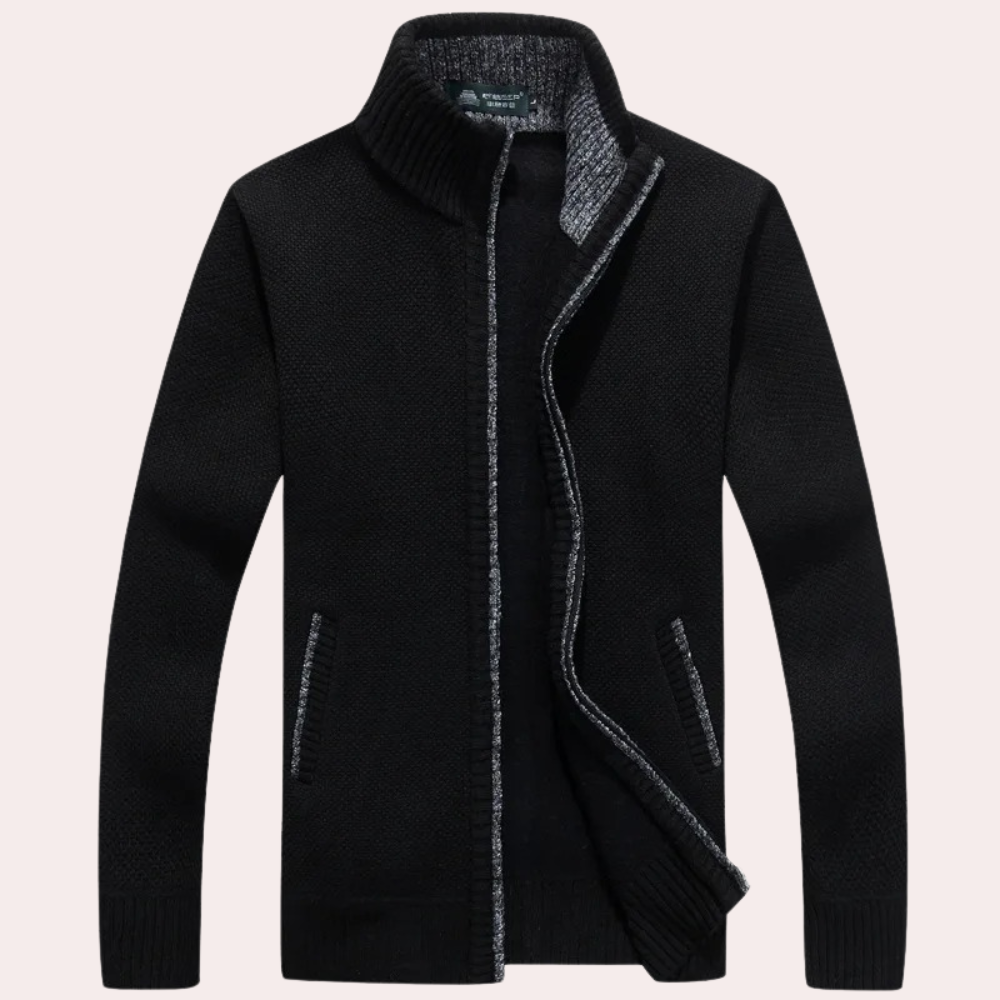Cevori Knitted Plaid Lining Zip-Up Cardigan