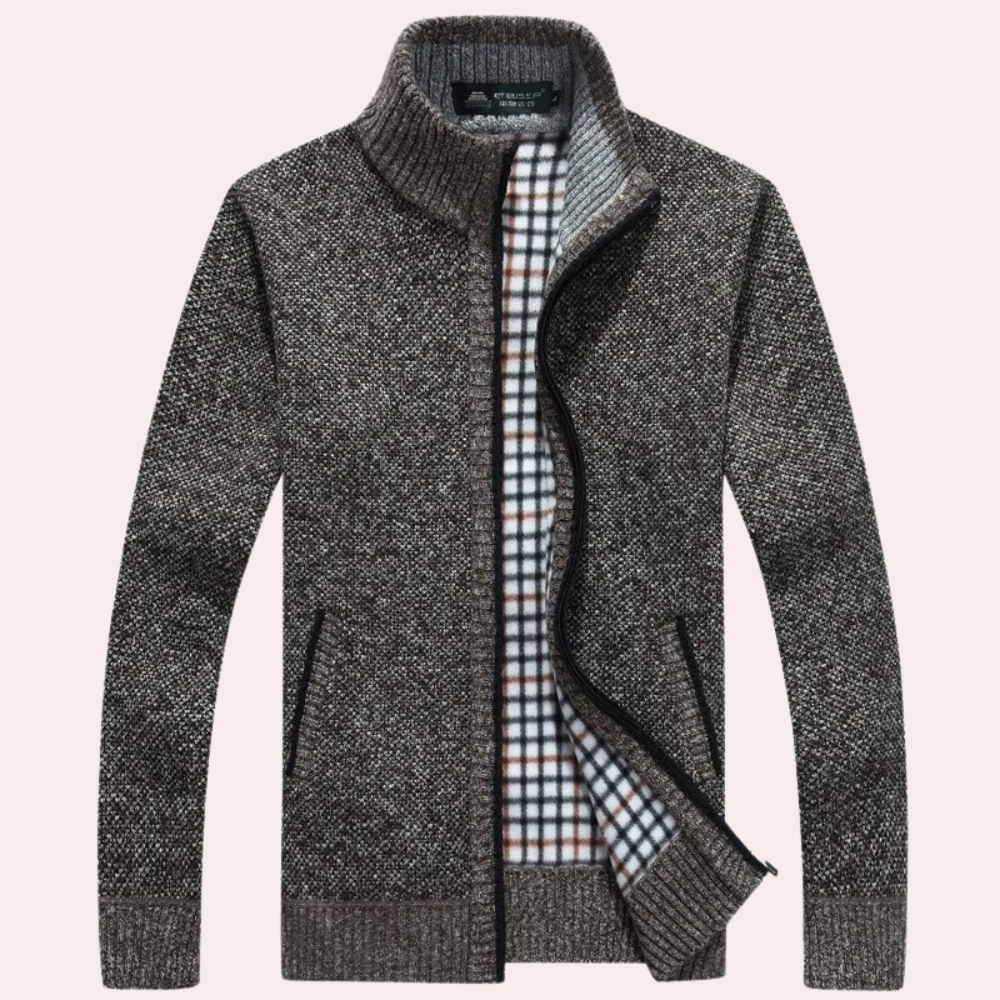 Cevori Knitted Plaid Lining Zip-Up Cardigan