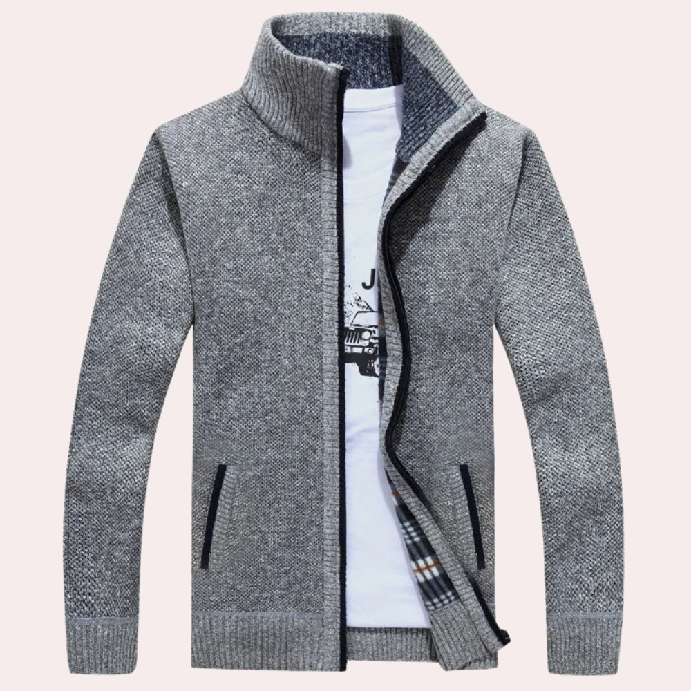 Cevori Knitted Plaid Lining Zip-Up Cardigan