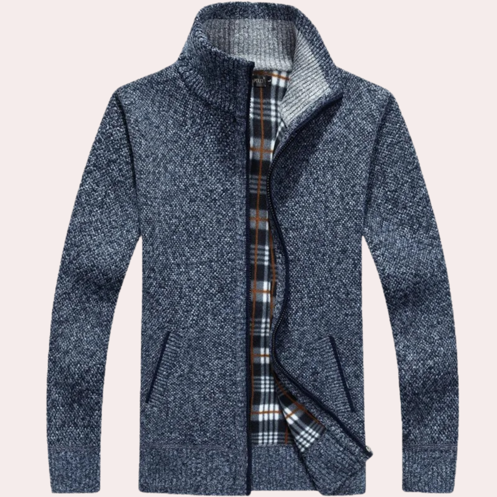 Cevori Knitted Plaid Lining Zip-Up Cardigan