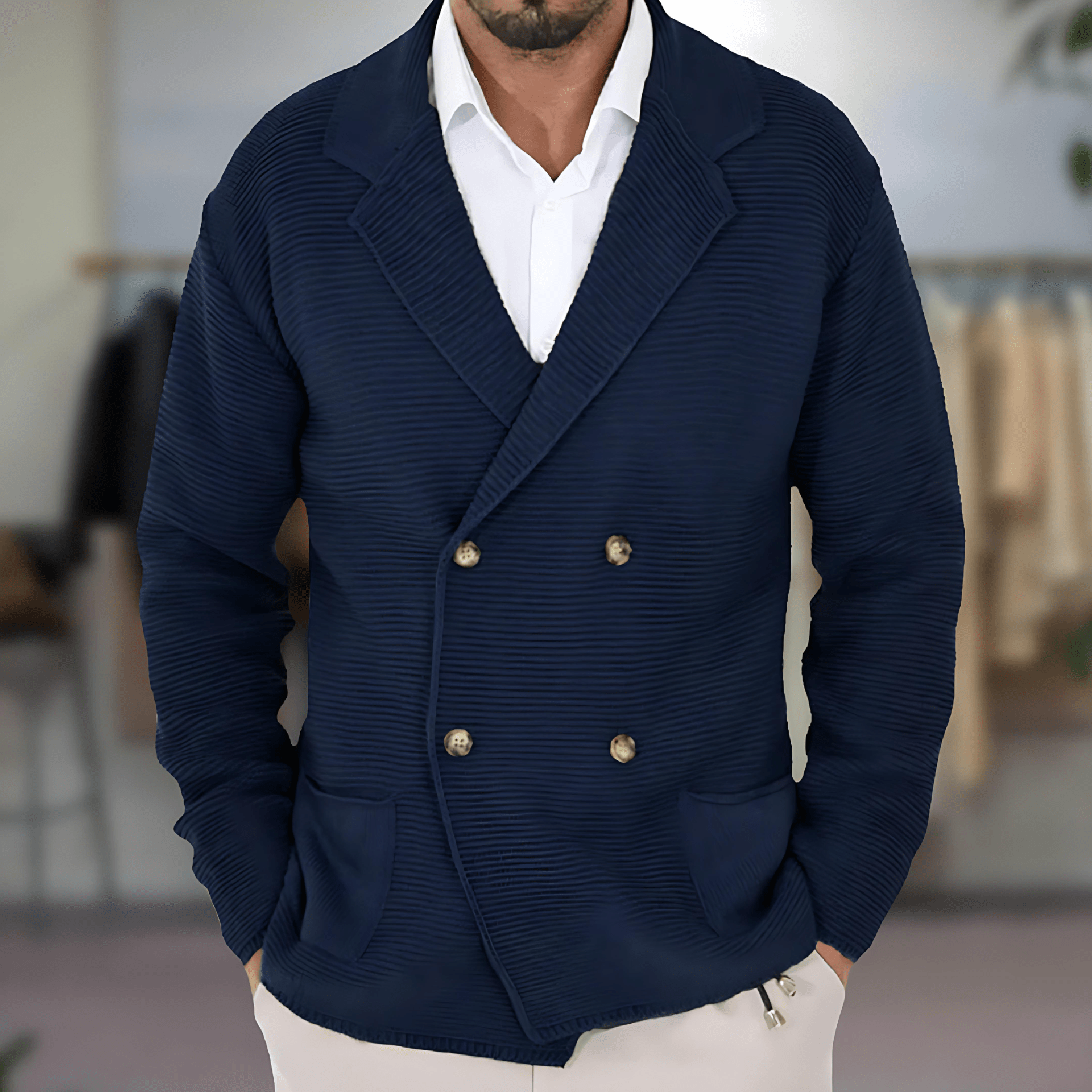 Cevori Double-Breasted Blazer Style Knit Cardigan