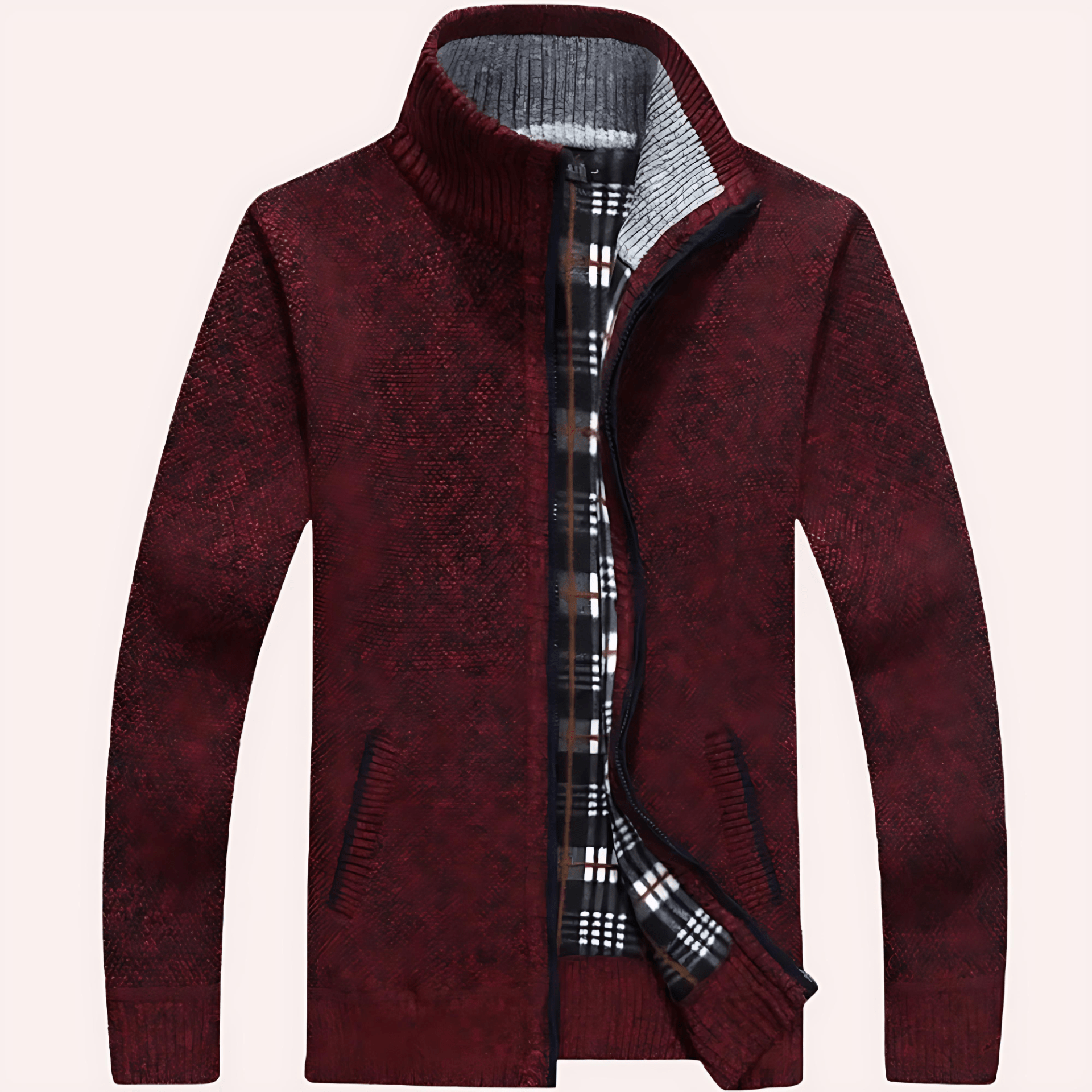 Cevori Knitted Plaid Lining Zip-Up Cardigan