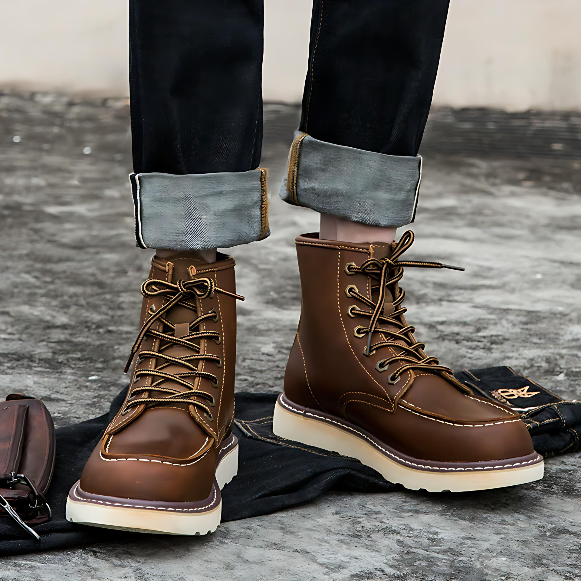 Cevori Lace-Up Rugged Sole Leather Ankle Boots