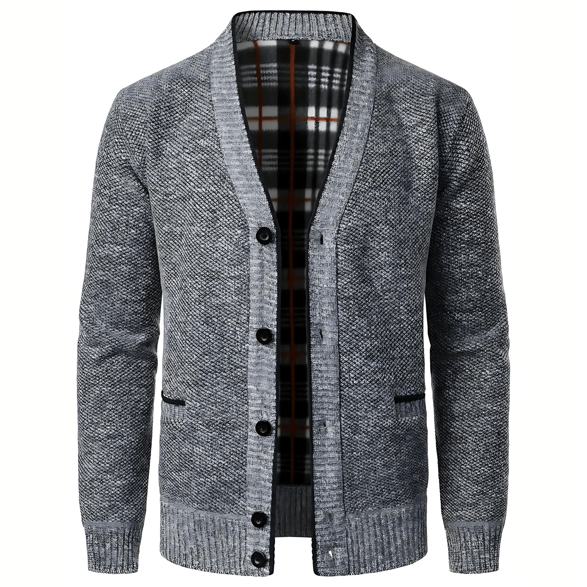 Cevori Plaid Lining & Pockets V-Neck Cardigan