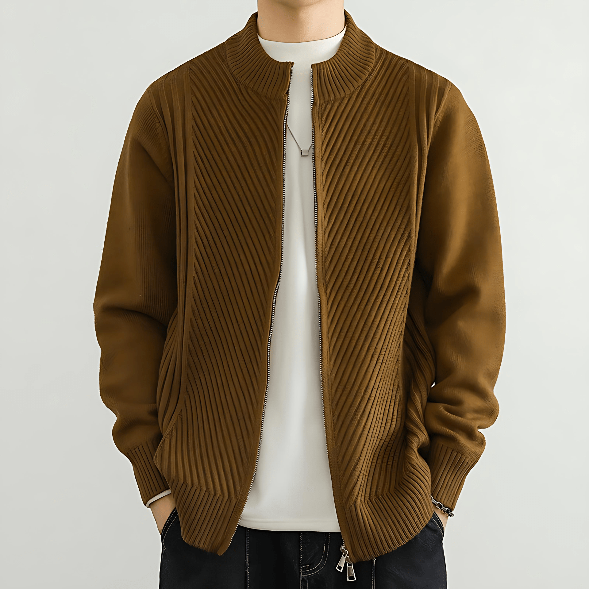 Cevori Ribbed Mock Neck Zip-Up Sweater
