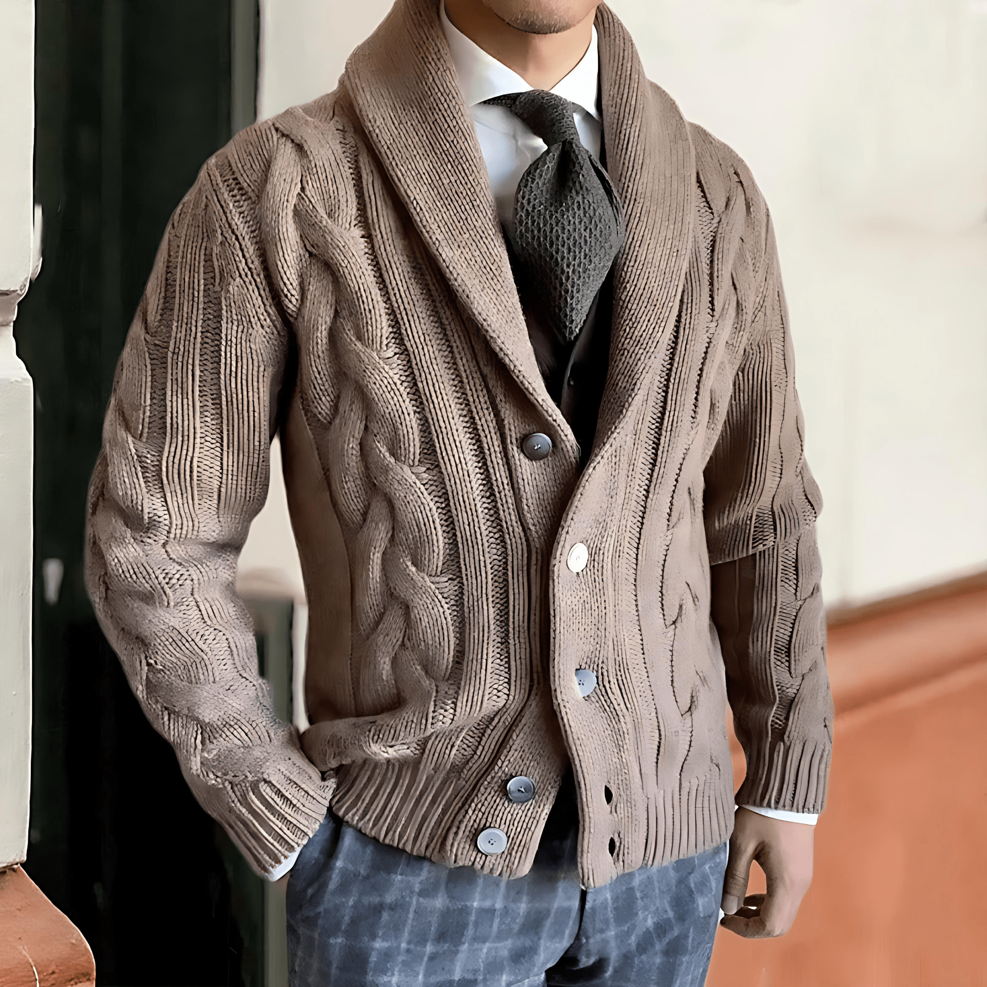 Cevori Shawl Collar Button Cable Knit Cardigan