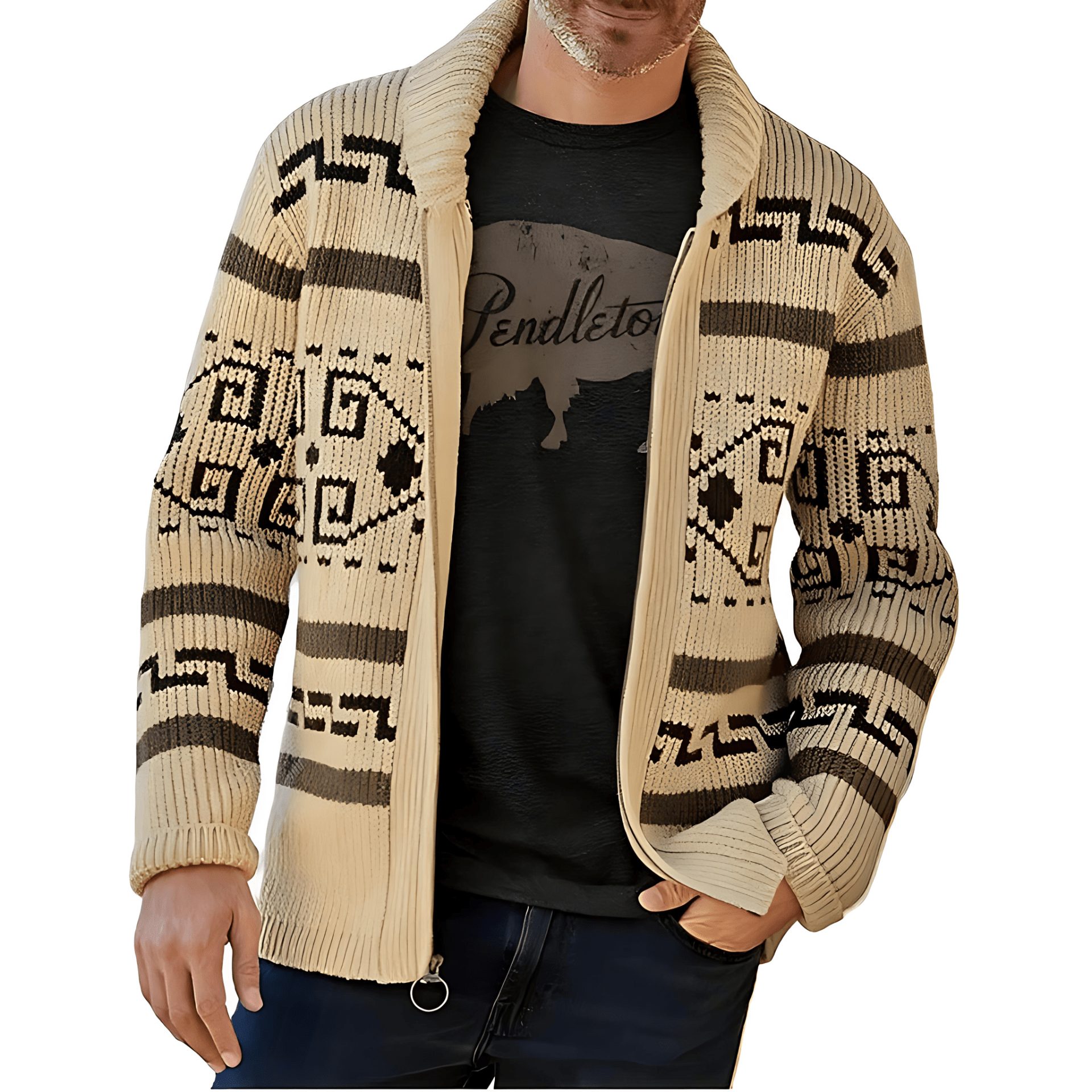Cevori Shawl Collar Pattern Knit Zip-Up Cardigan