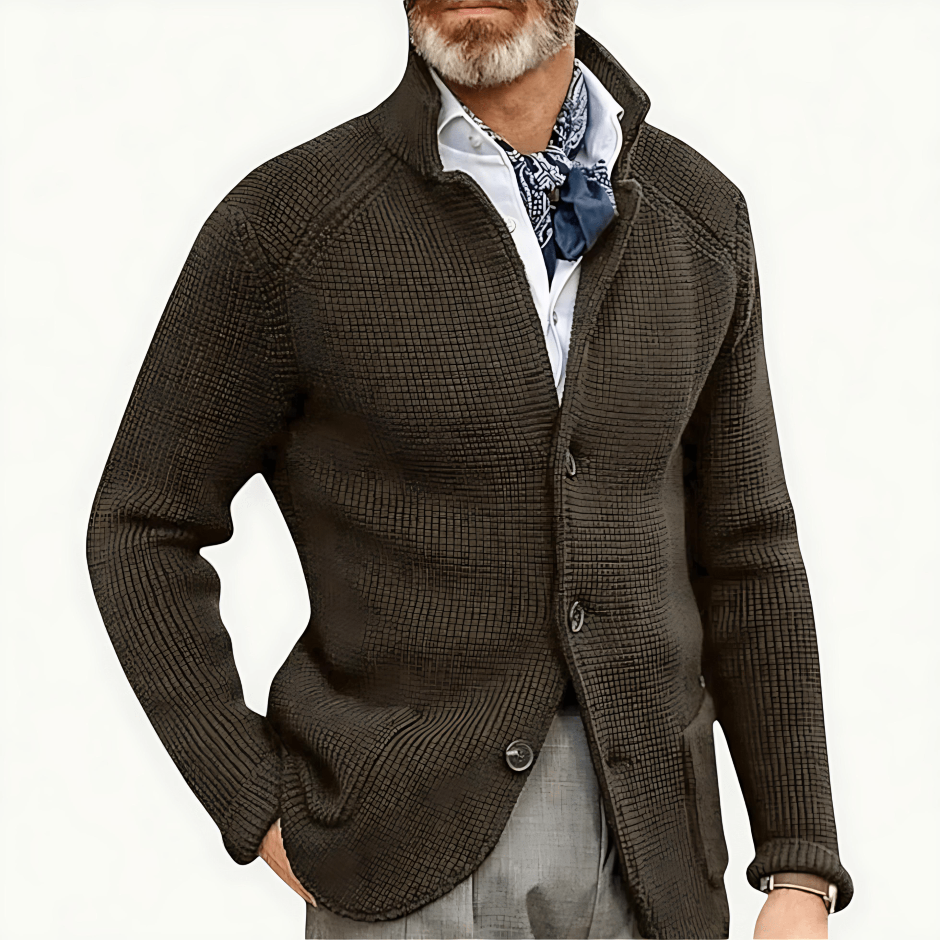 Cevori Stand Collar Textured Knit Cardigan