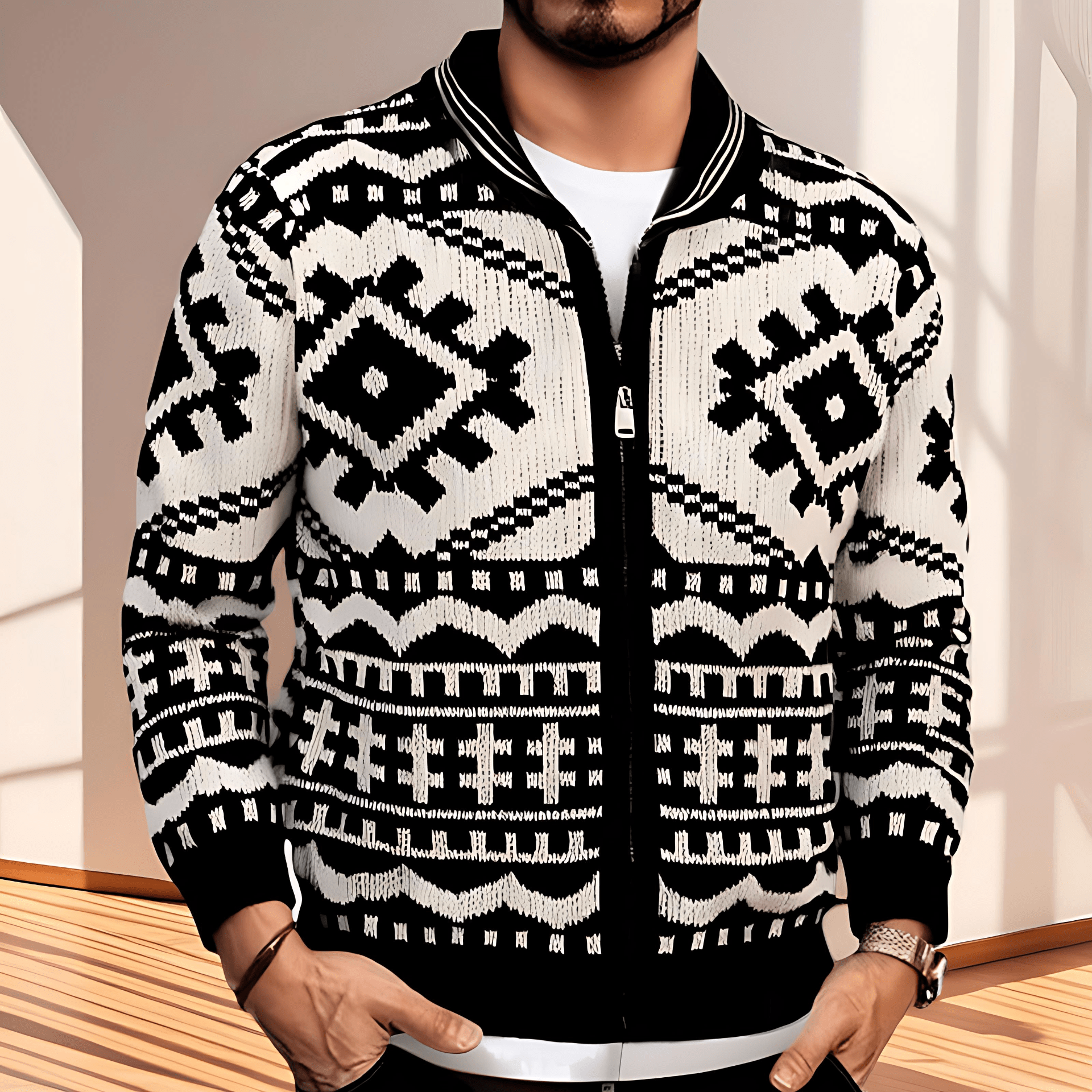 Cevori Stylish Design Geometric Pattern Cardigan