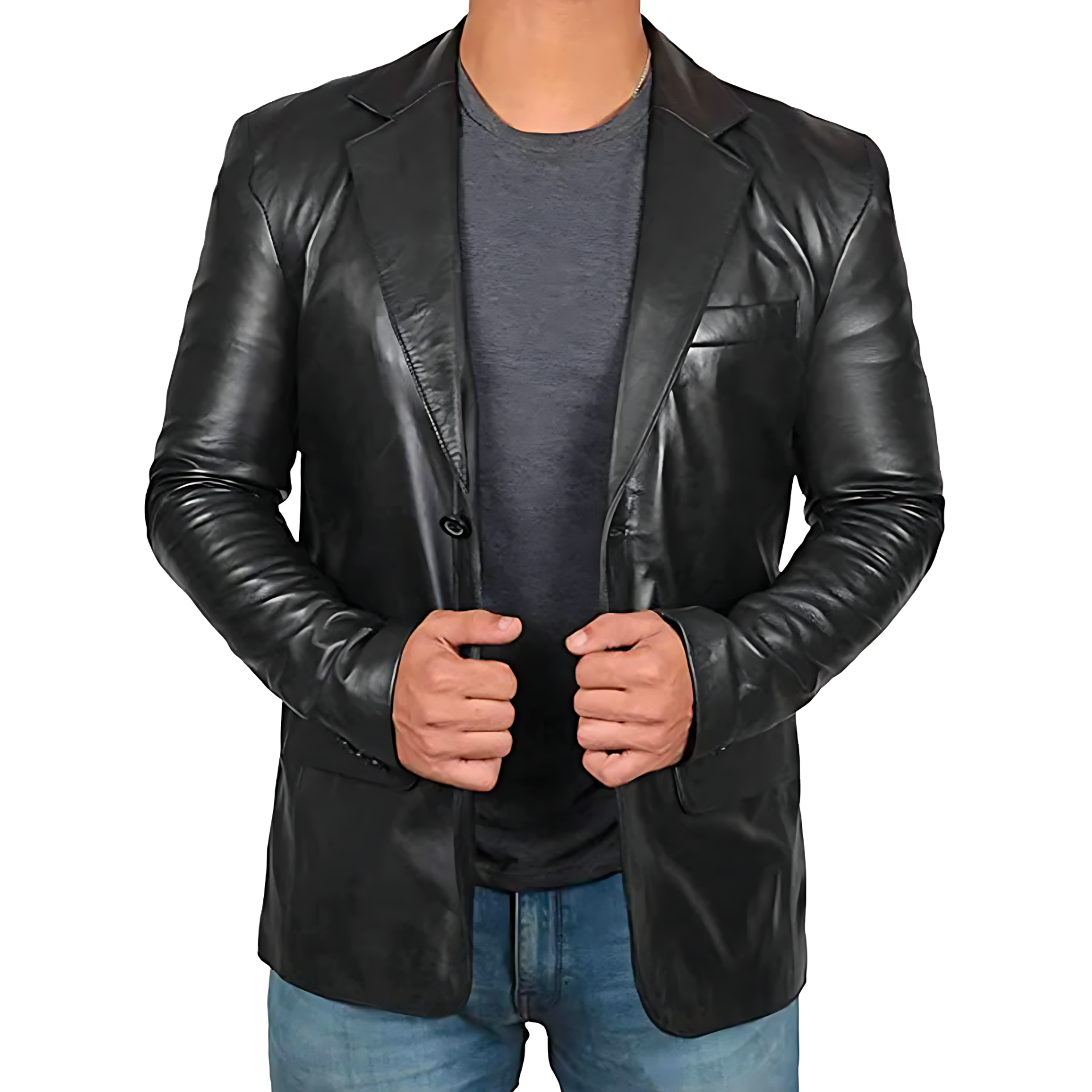Cevori Tailored Fit Notched Lapel Leather Blazer