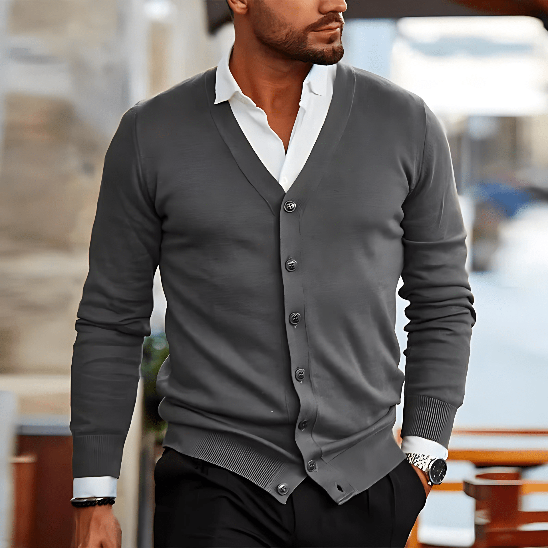 Cevori V-Neck Button Ribbed Hem Slim Fit Cardigan