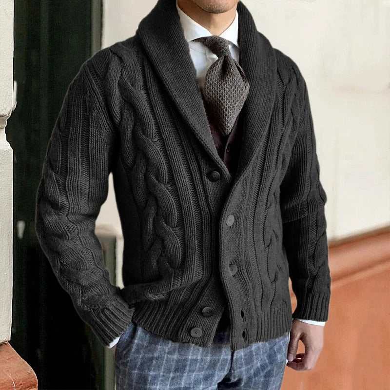 Cevori Shawl Collar Button Cable Knit Cardigan