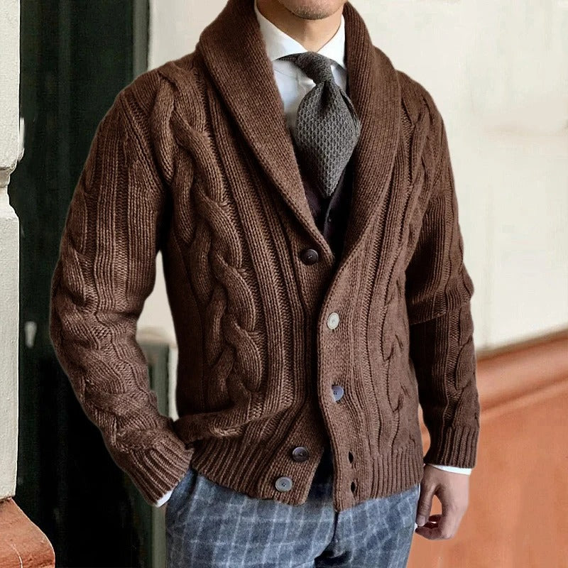 Cevori Shawl Collar Button Cable Knit Cardigan