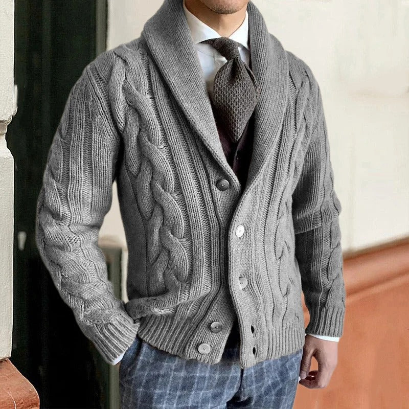 Cevori Shawl Collar Button Cable Knit Cardigan