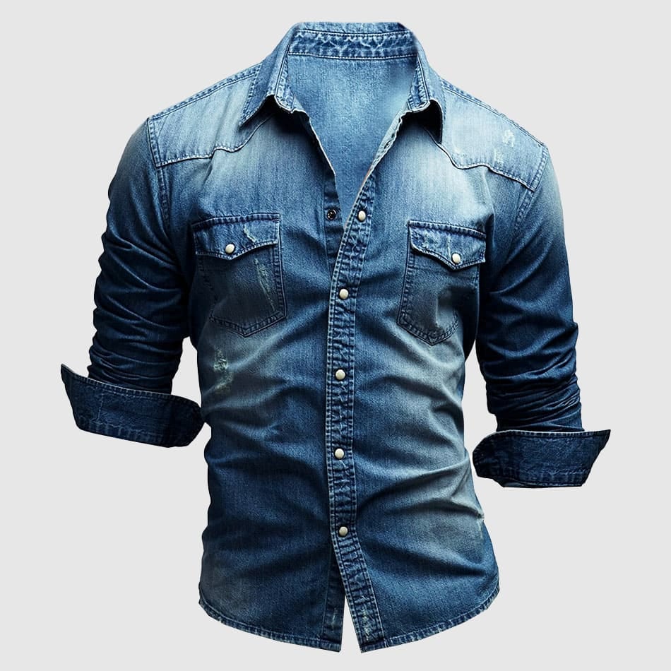 Cevori Distressed Style Denim Button-Front Shirt