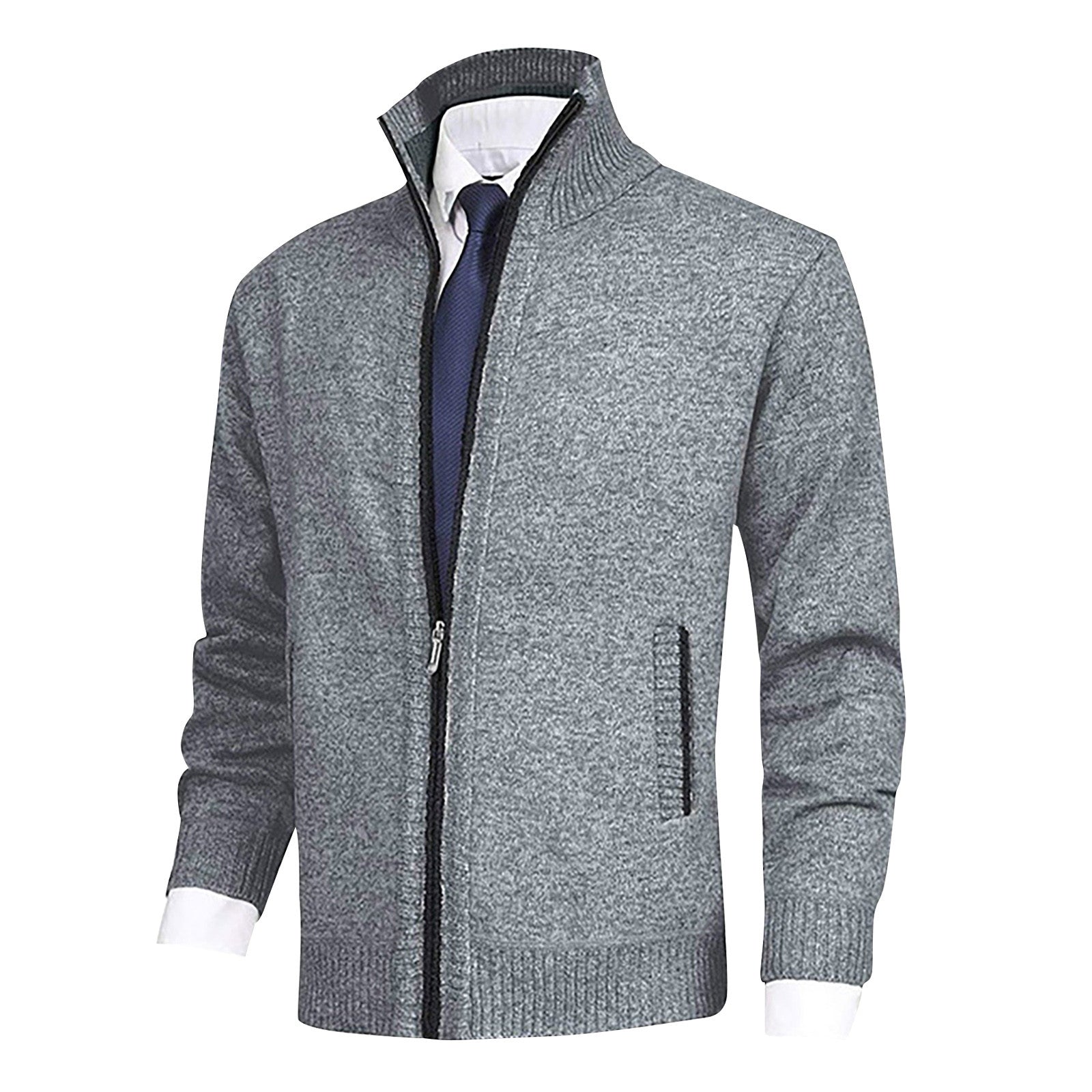 Cevori Stand Collar Ribbed Hem Zip-Up Cardigan