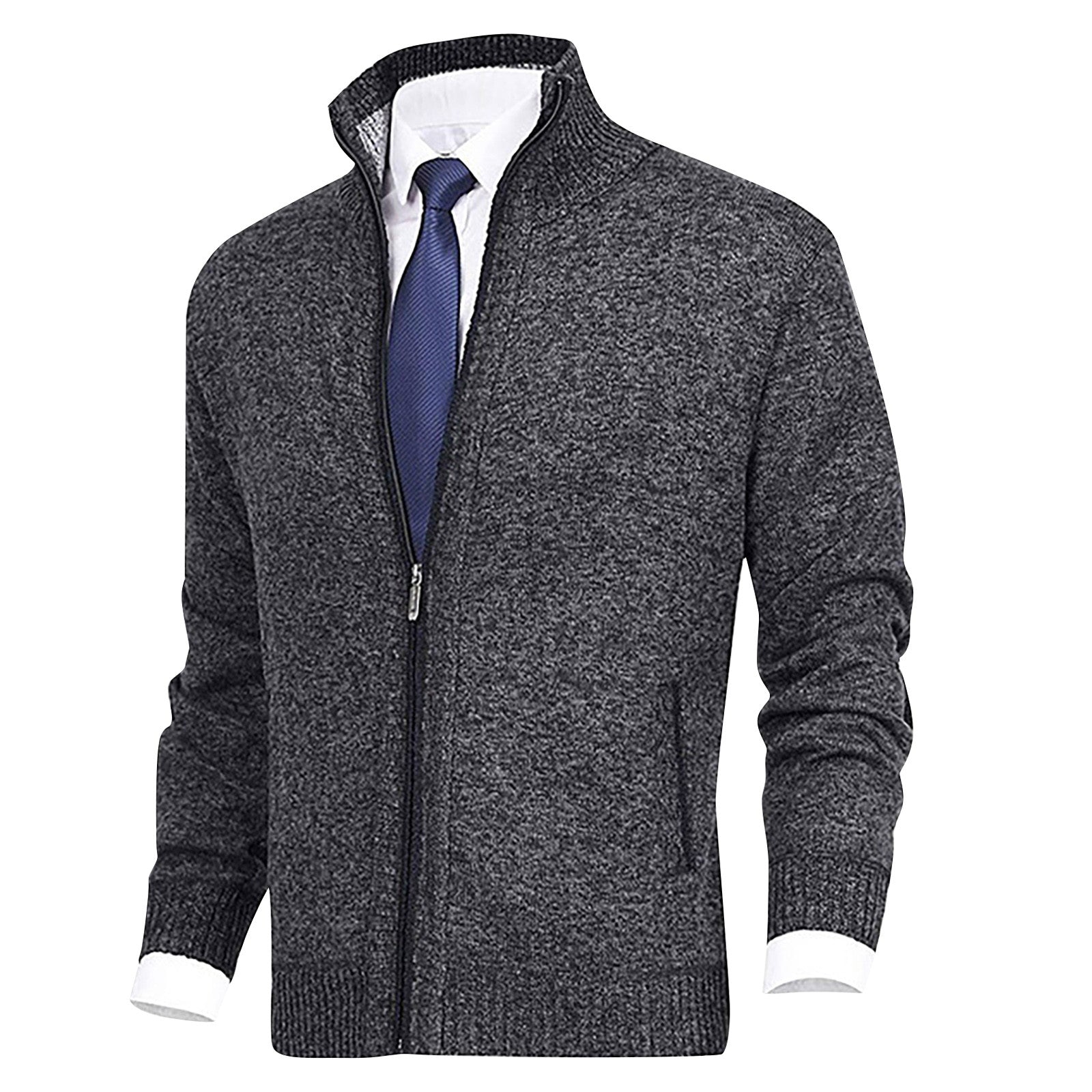 Cevori Stand Collar Ribbed Hem Zip-Up Cardigan
