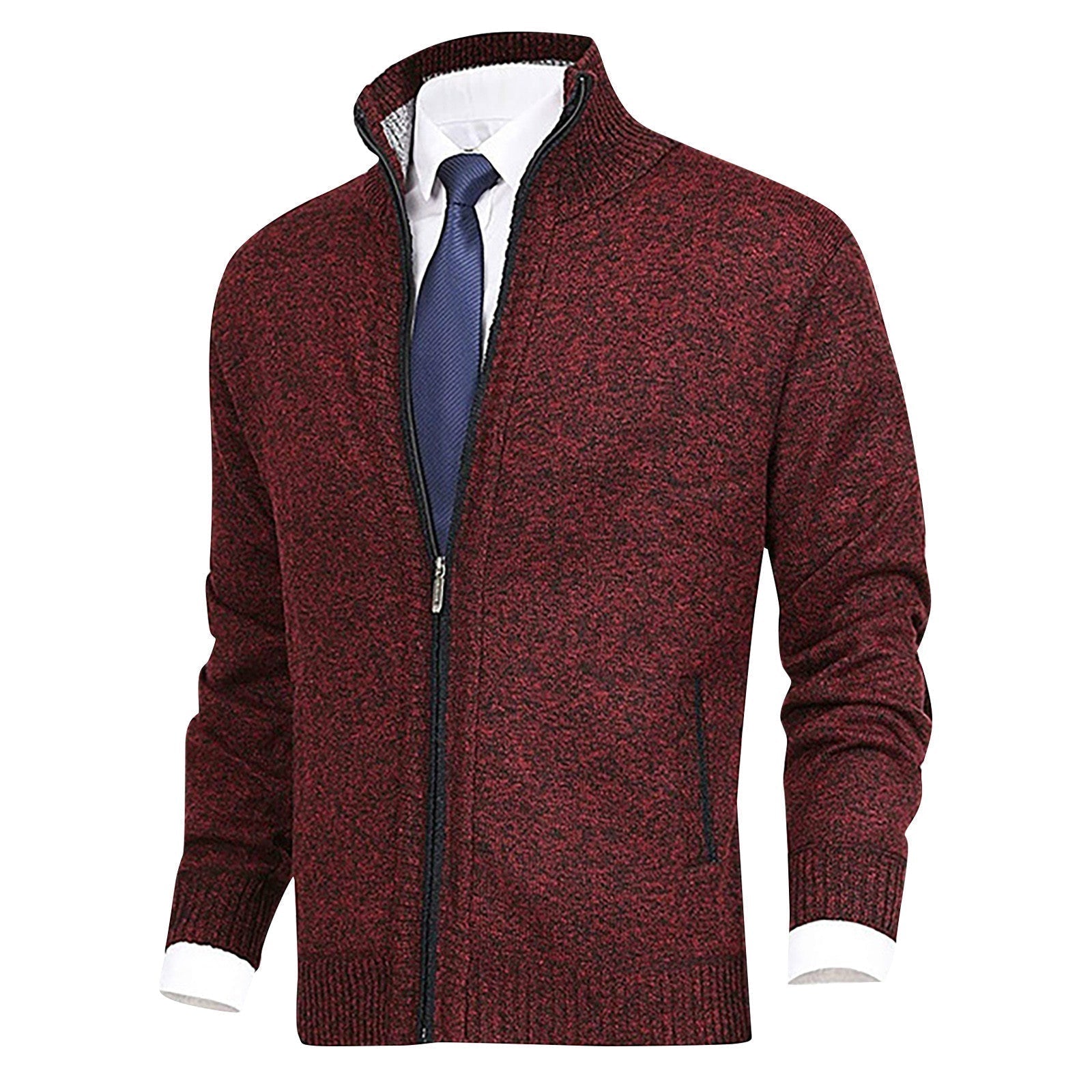 Cevori Stand Collar Ribbed Hem Zip-Up Cardigan