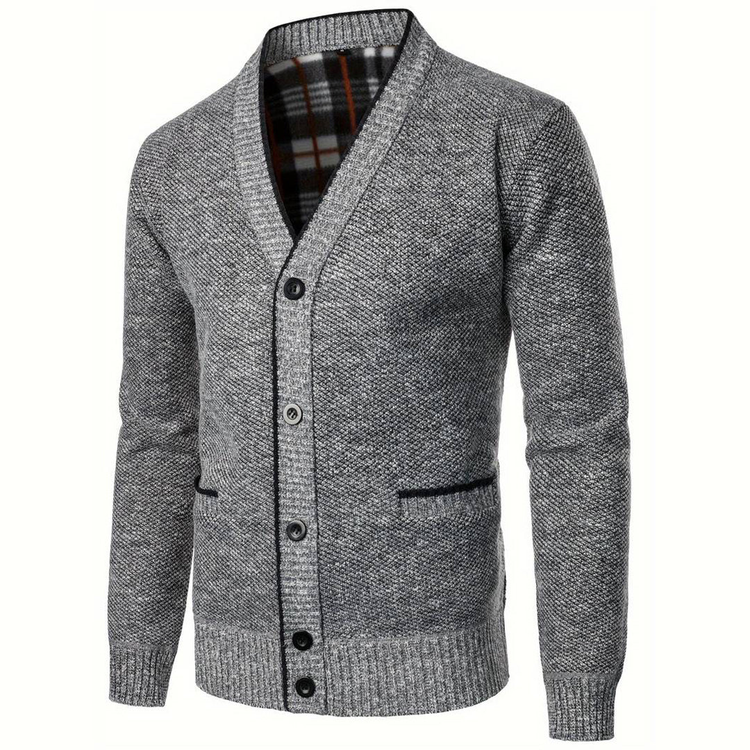 Cevori Plaid Lining & Pockets V-Neck Cardigan