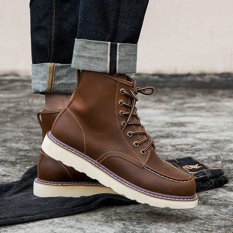 Cevori Lace-Up Rugged Sole Leather Ankle Boots