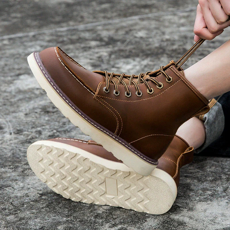 Cevori Lace-Up Rugged Sole Leather Ankle Boots