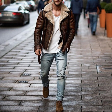 Cevori Leather Jacket with Faux Fur Collar