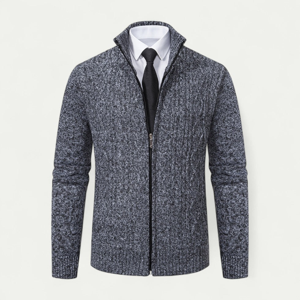 Cevori High Collar Cable Knit Zip-Up Cardigan