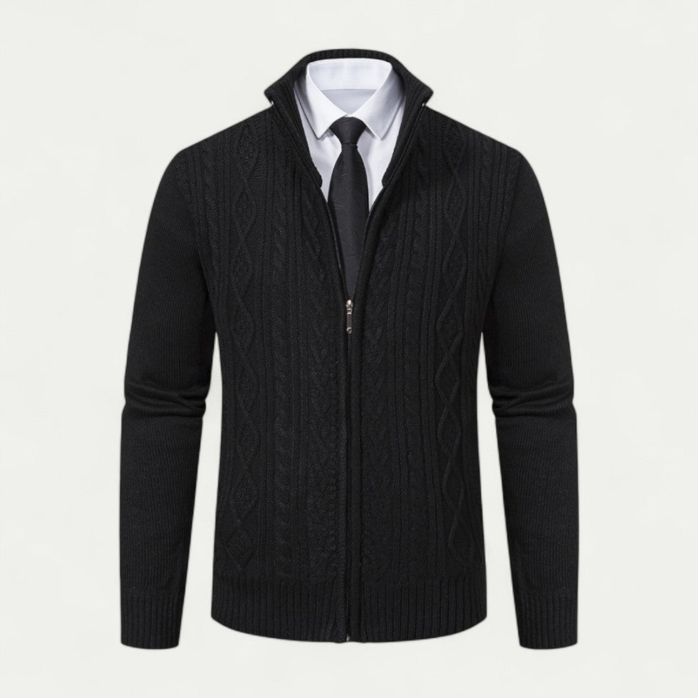 Cevori High Collar Cable Knit Zip-Up Cardigan
