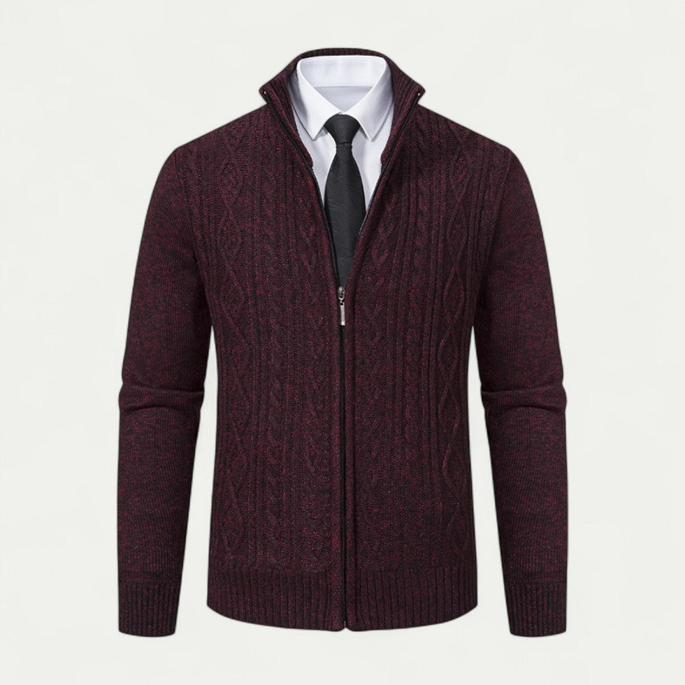 Cevori High Collar Cable Knit Zip-Up Cardigan