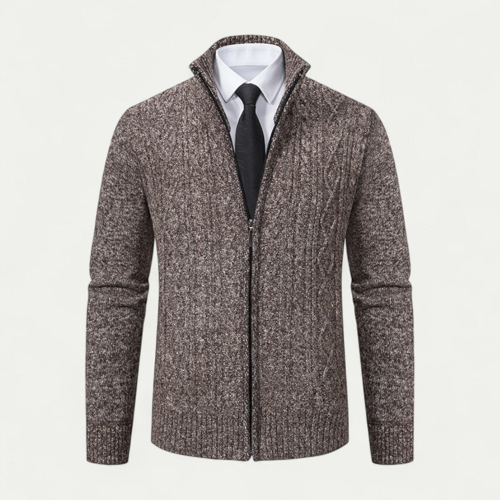 Cevori High Collar Cable Knit Zip-Up Cardigan