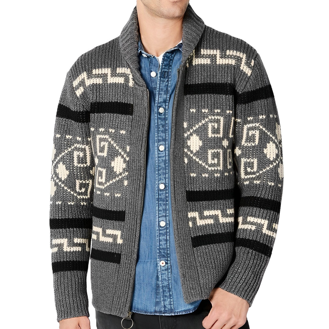 Cevori Shawl Collar Pattern Knit Zip-Up Cardigan