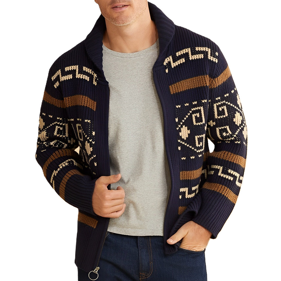 Cevori Shawl Collar Pattern Knit Zip-Up Cardigan