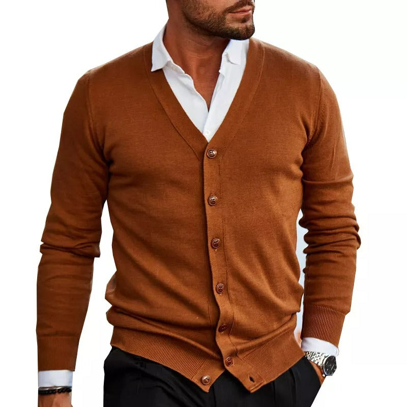 Cevori V-Neck Button Ribbed Hem Slim Fit Cardigan