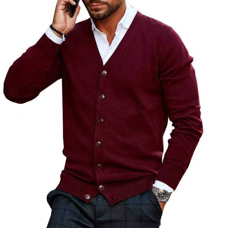 Cevori V-Neck Button Ribbed Hem Slim Fit Cardigan