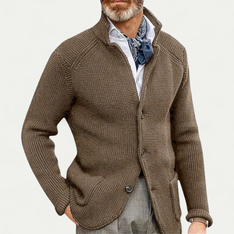 Cevori Stand Collar Textured Knit Cardigan
