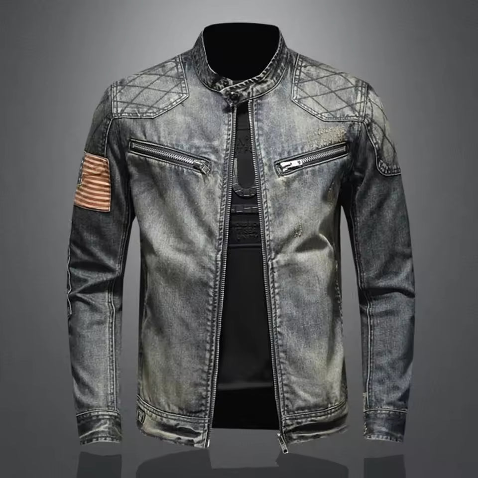 Cevori Slim Fit Zip Collar Denim Jacket